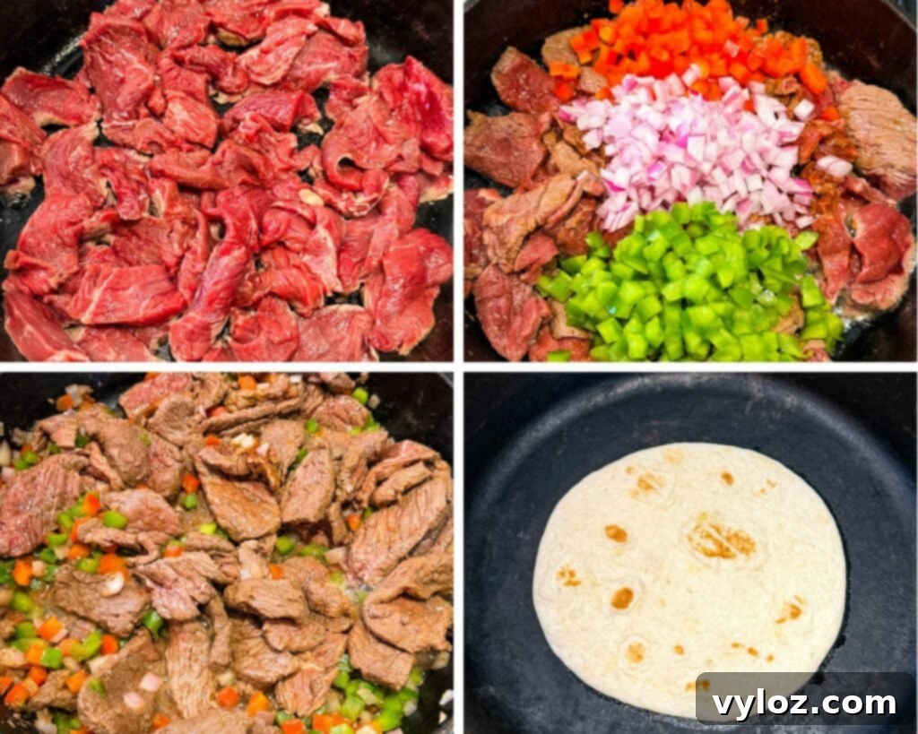 collage of 4 photos with cooked steak, bell peppers, and onions in a cast iron skillet