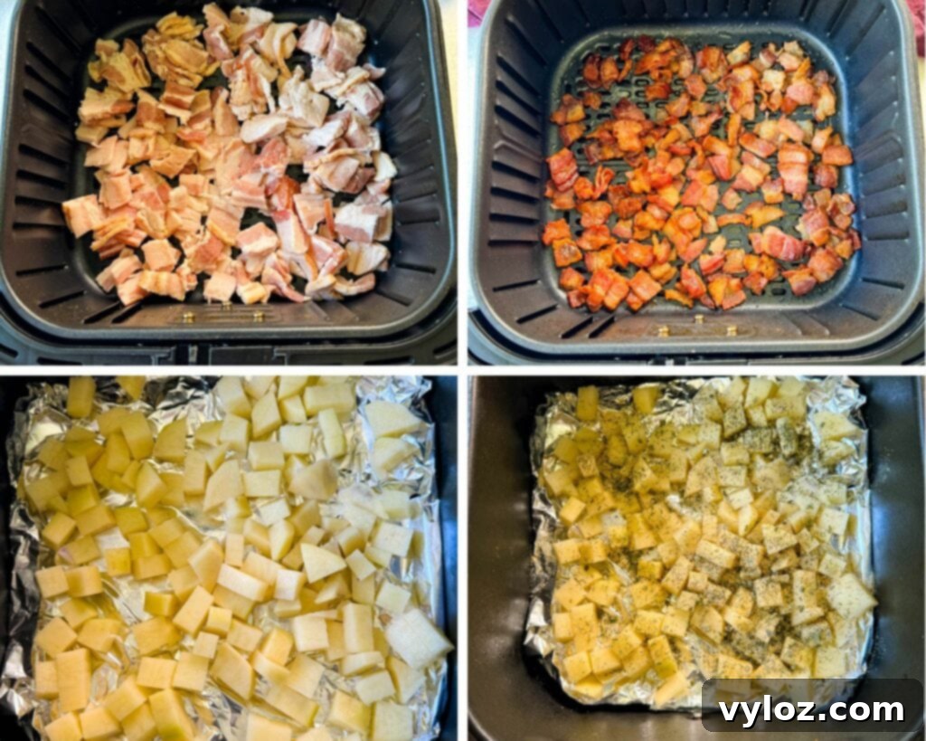 cooked bacon in an air fryer and diced potatoes and bell peppers in an air fryer;