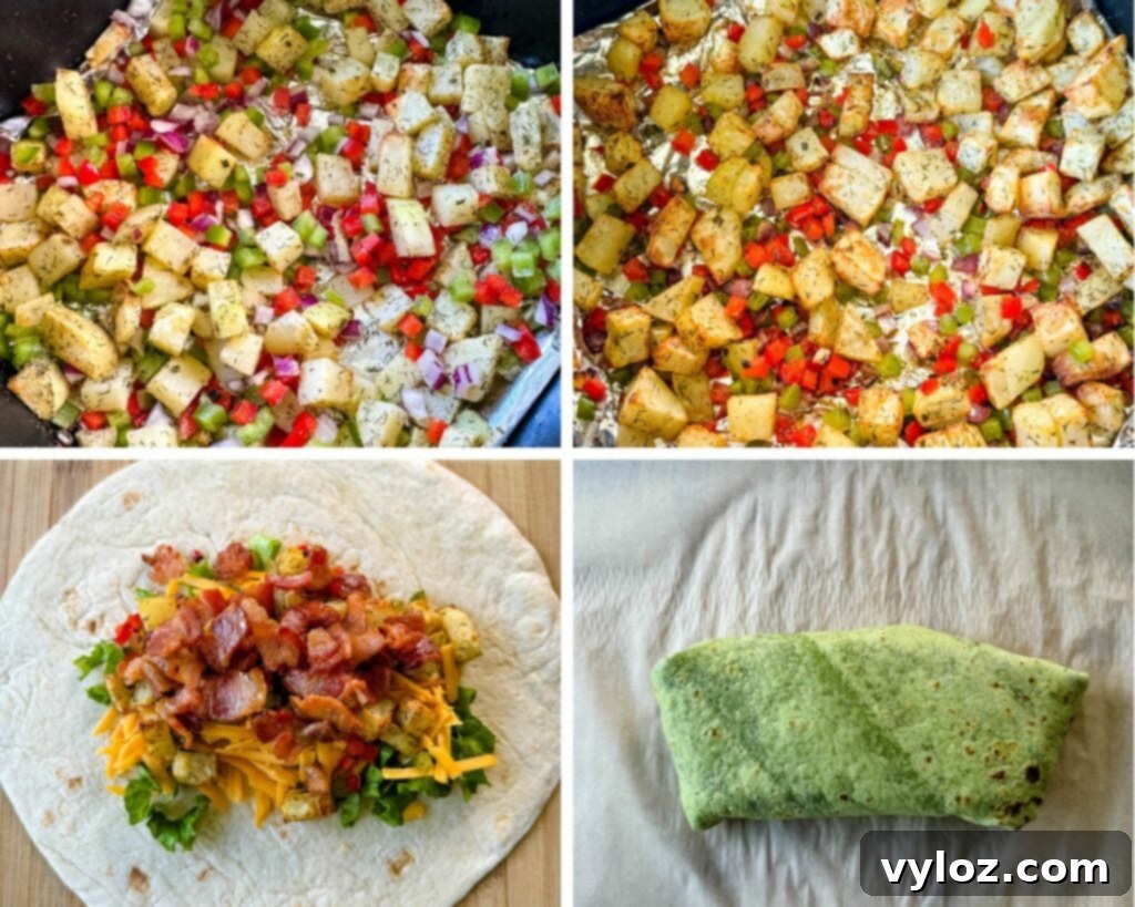 diced potatoes and bell peppers in an air fryer; wrapped breakfast burrito in a tortilla