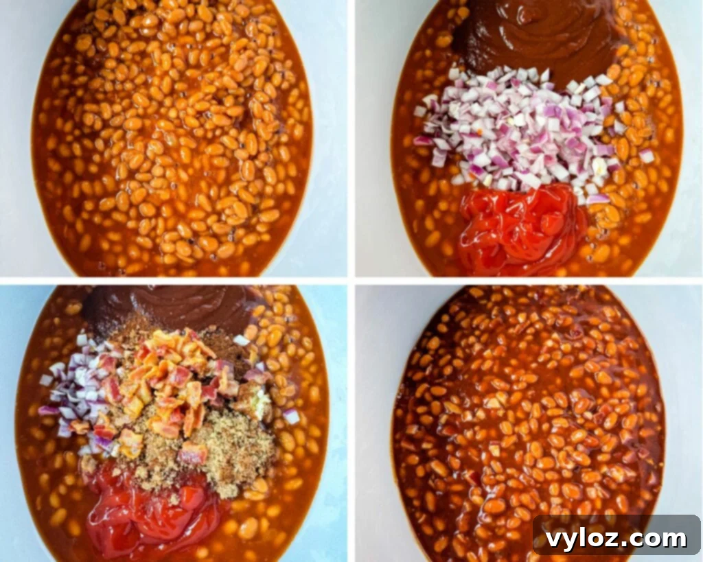 Smoky Slow Cooker Bacon Baked Beans 7 collage of 4 photos with baked beans, BBQ sauce, and spices in a Crockpot slow cooker