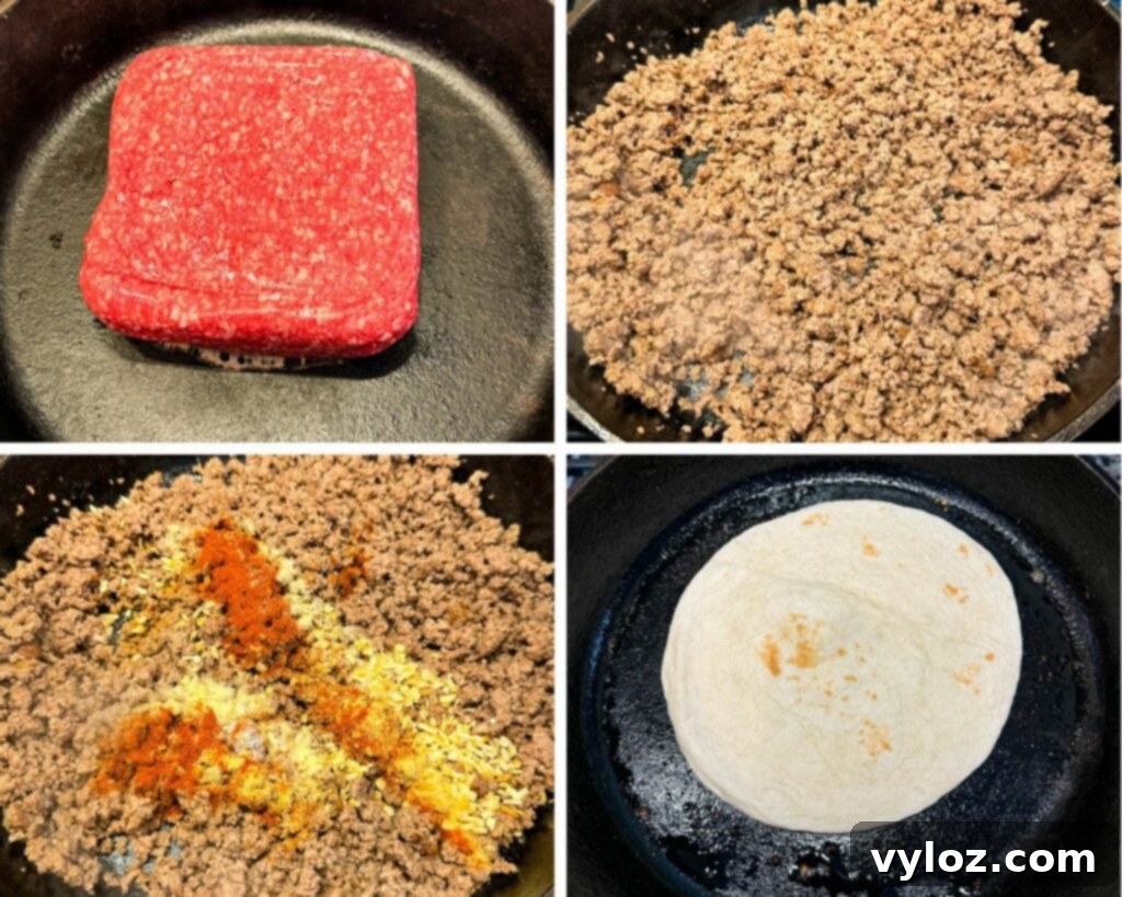 collage of 4 photos with ground beef cooked and seasoned in a cast iron skillet