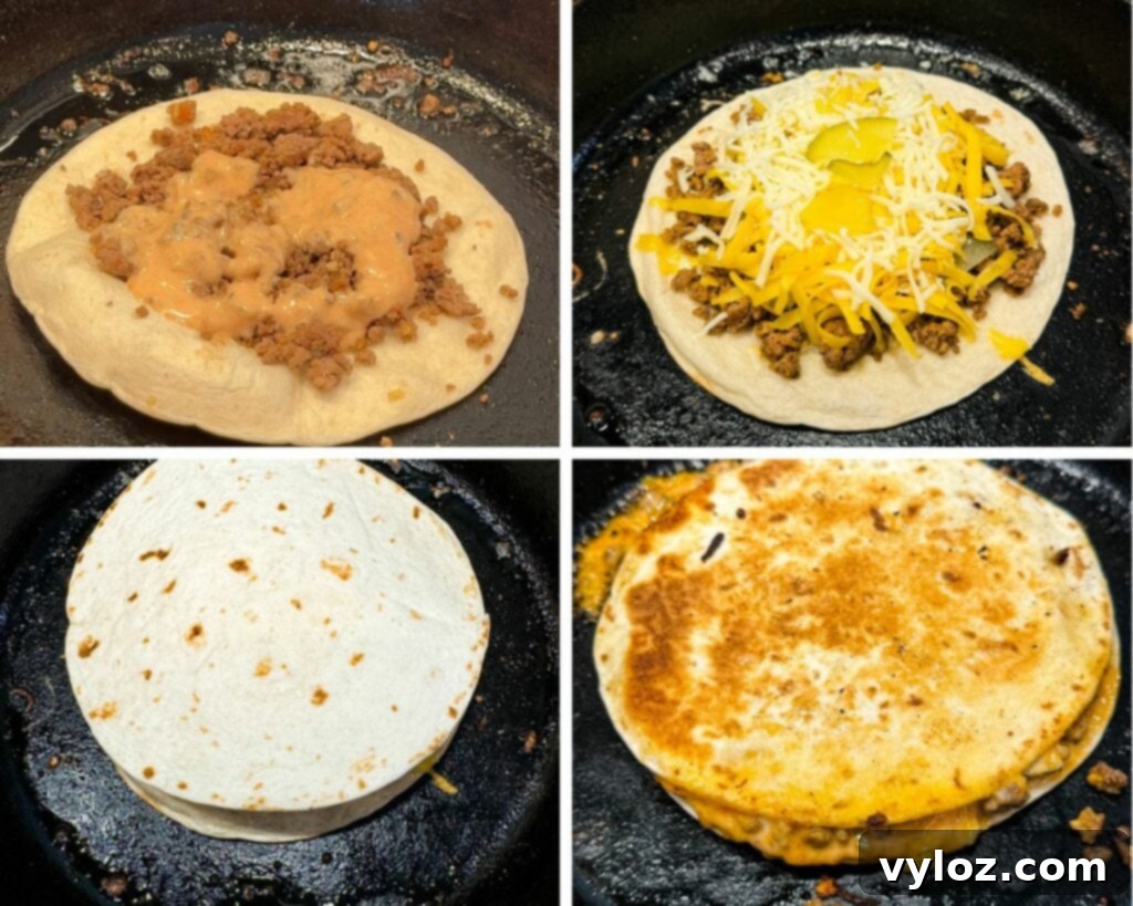 collage of 4 photos with cheeseburger quesadilla in a cast iron skillet