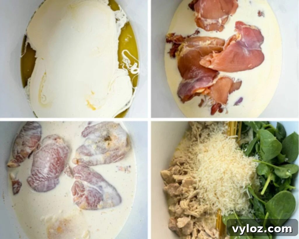 collage of 4 photos with homemade alfredo sauce and chicken thighs in a Crockpot slow cooker