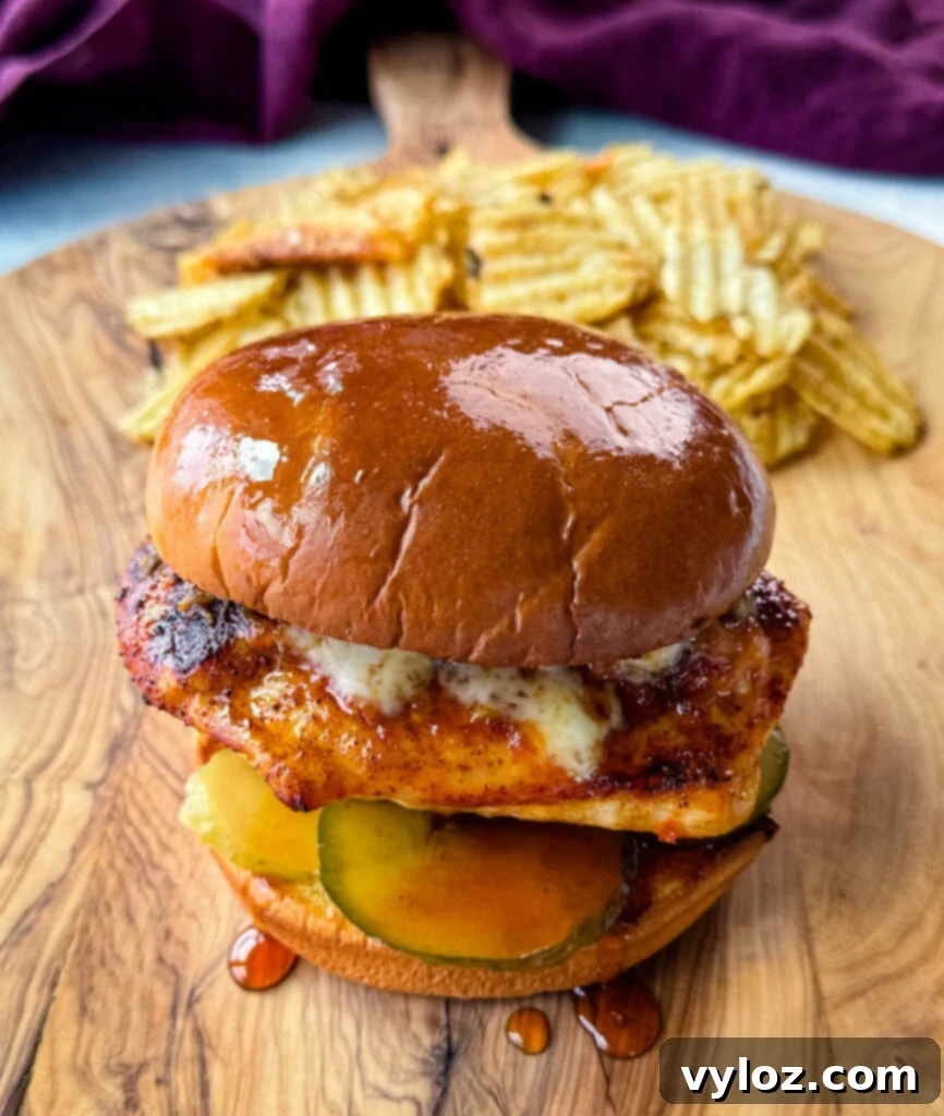 Hot honey chicken sandwich with a brioche bun, pickles, and pepperjack cheese on a plate with chips