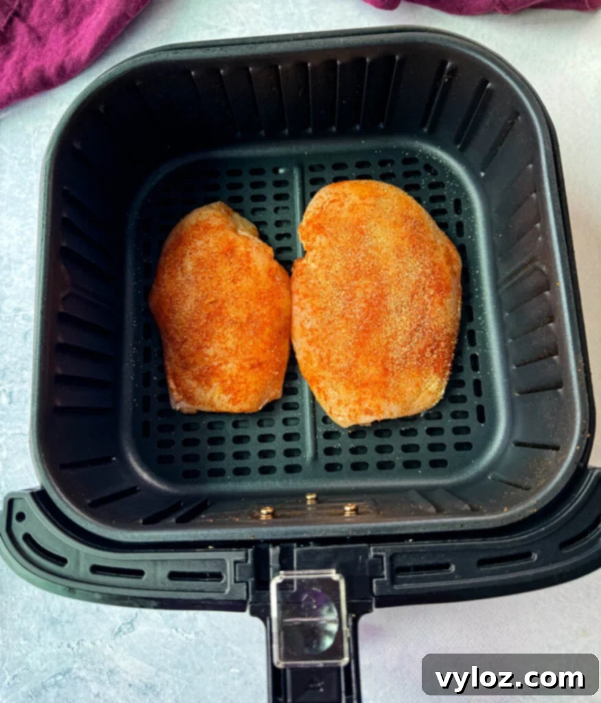 Raw seasoned chicken breasts in an air fryer