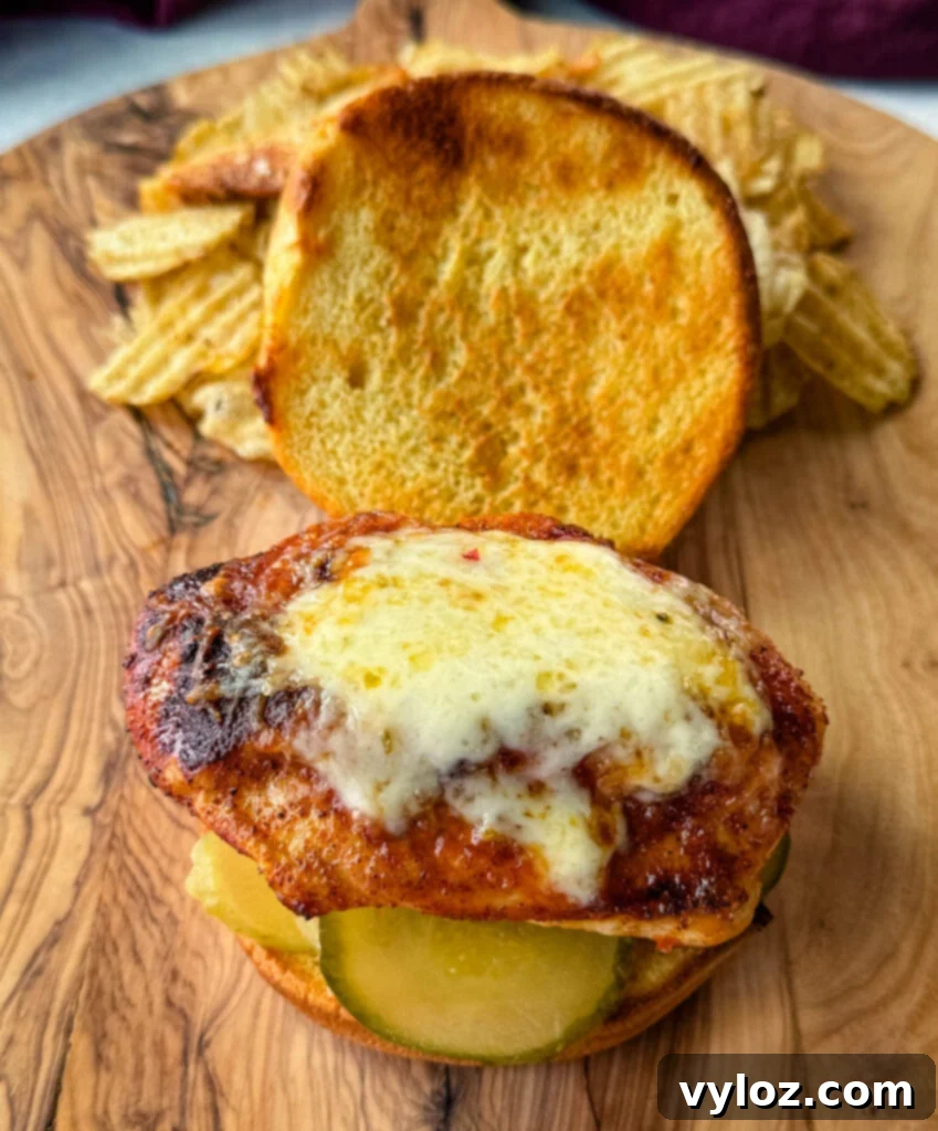 Hot honey chicken sandwich with a brioche bun, pickles, and pepperjack cheese on a plate with chips