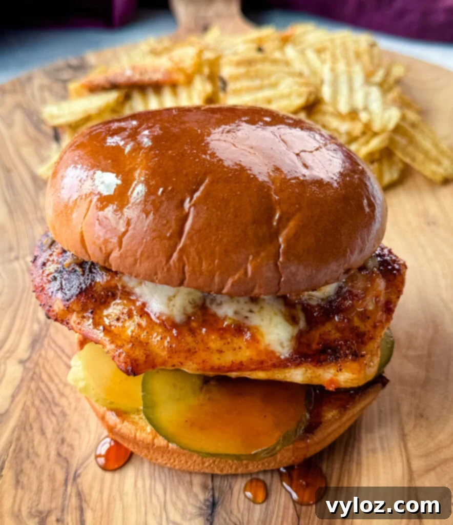 Hot honey chicken sandwich with a brioche bun, pickles, and pepperjack cheese on a plate with chips