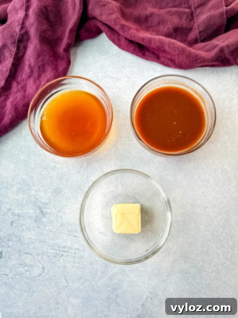 Sweet Heat Chicken Tenders 3 honey, hot sauce, and butter in separate glass bowls