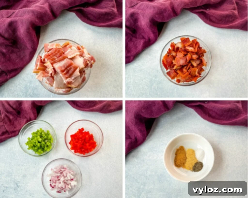 A collage of four separate bowls containing key ingredients for hash brown casserole: crispy bacon bits, vibrant diced bell peppers, finely chopped onions, and a mix of aromatic spices.