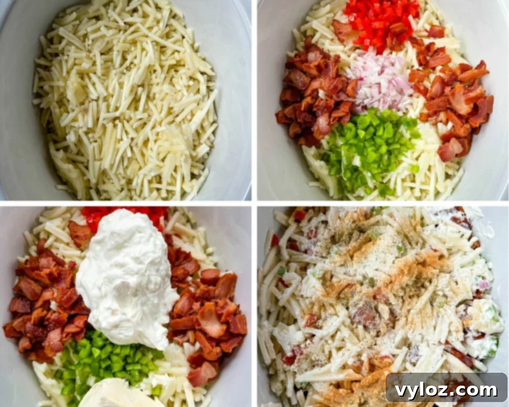 A collage of four images showing the preparation steps: frozen hash browns, diced bell peppers and onions, cream cheese, and sour cream being added to a white Crockpot slow cooker, ready for mixing.