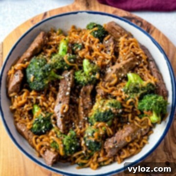 Ramen Noodle Beef and Broccoli Stir Fry 14 beef and broccoli stir fry with ramen noodles in a white bowl