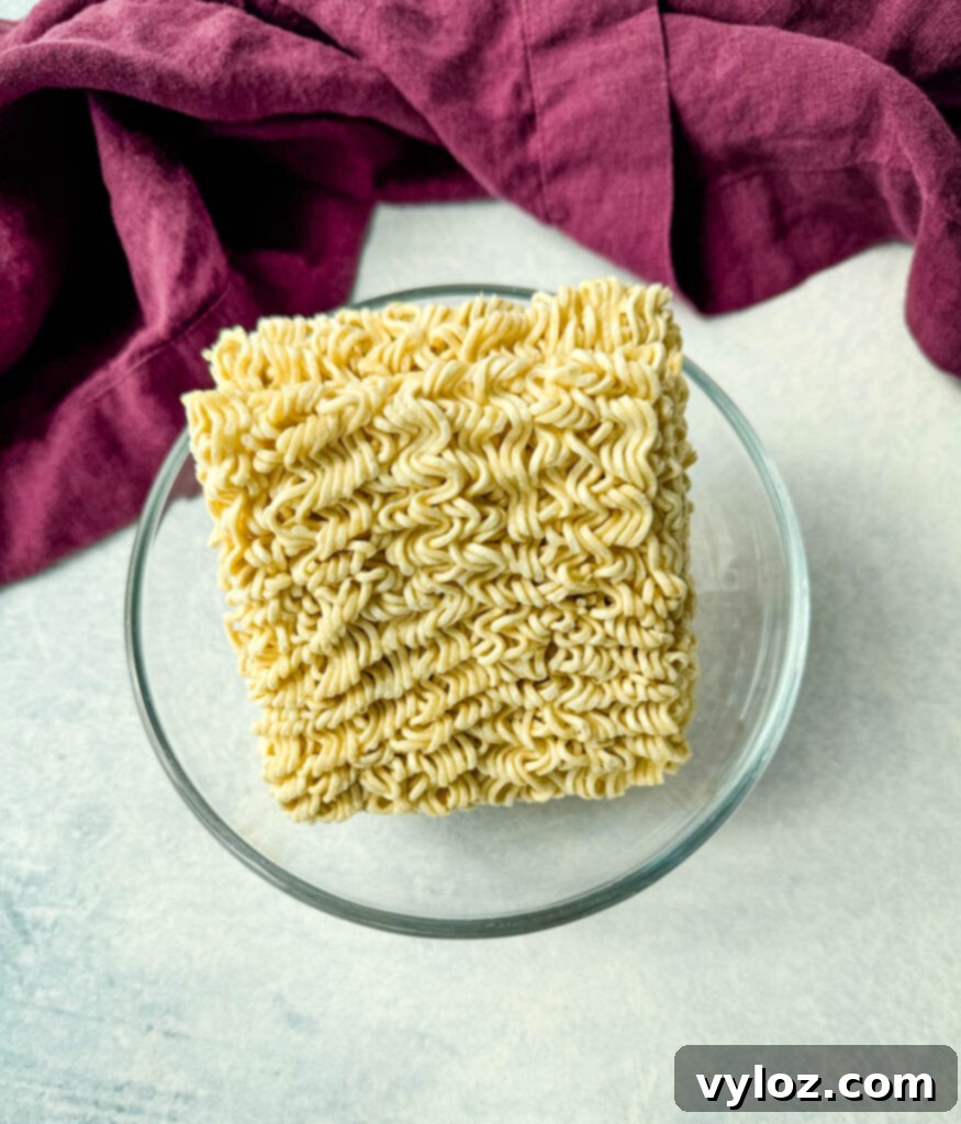 Ramen Noodle Beef and Broccoli Stir Fry 6 dry ramen noodles in a glass bowl