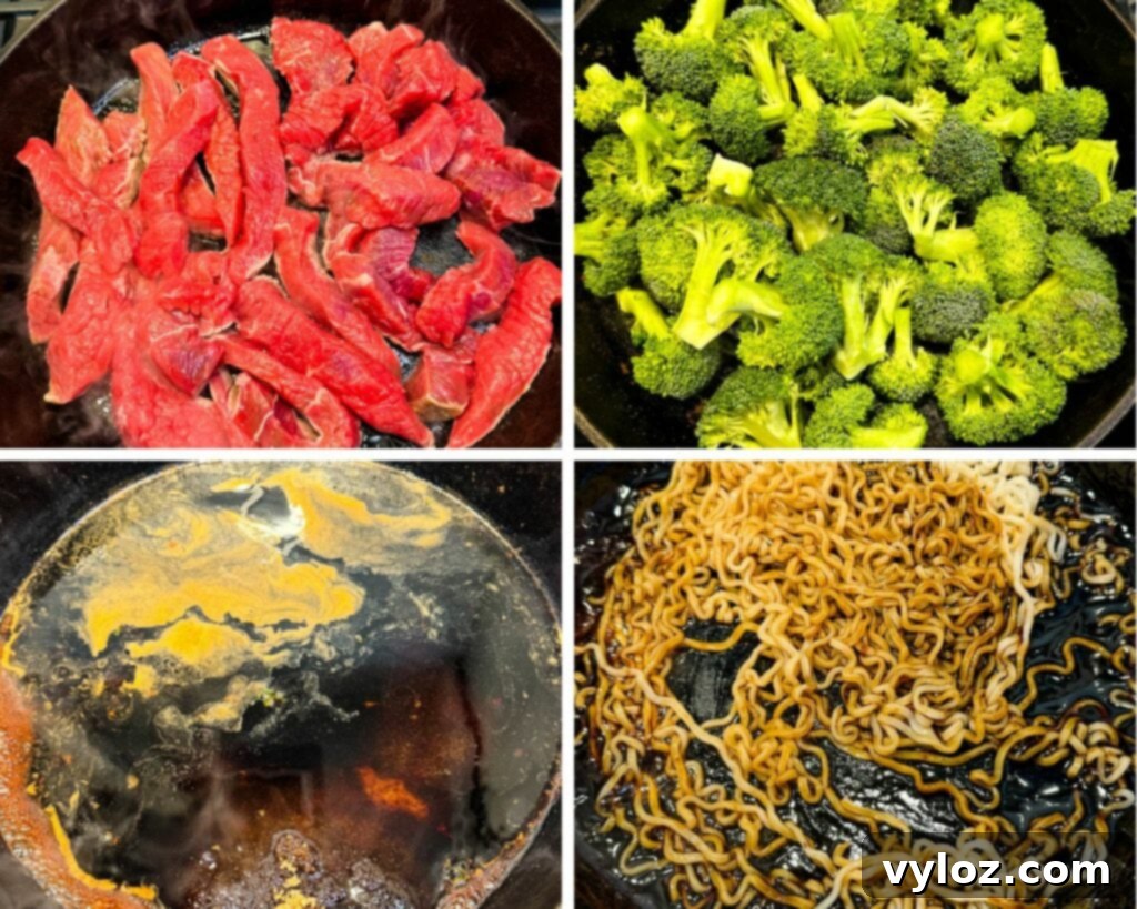 Ramen Noodle Beef and Broccoli Stir Fry 7 collage of 4 photos with flank steak, broccoli, stir fry sauce, and ramen noodles in a cast iron skillet