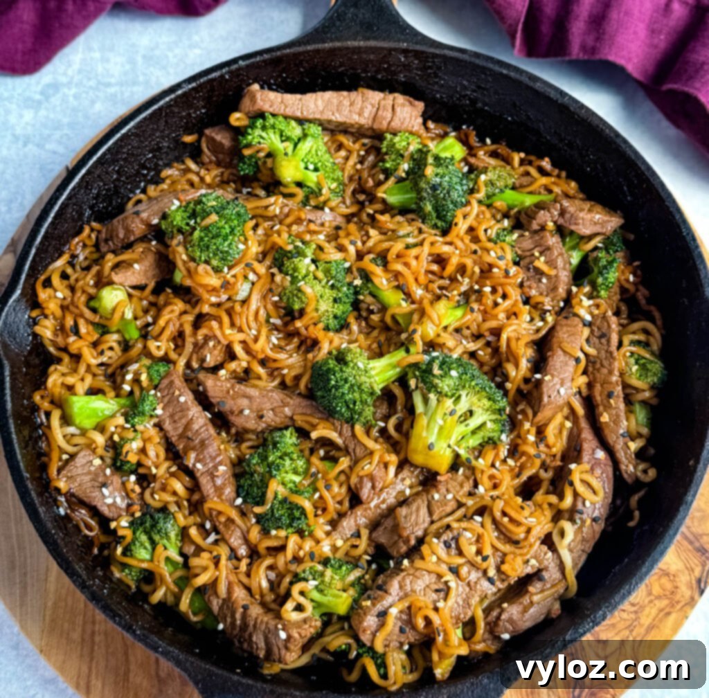Ramen Noodle Beef and Broccoli Stir Fry 10 beef and broccoli stir fry with ramen noodles in a cast iron skillet