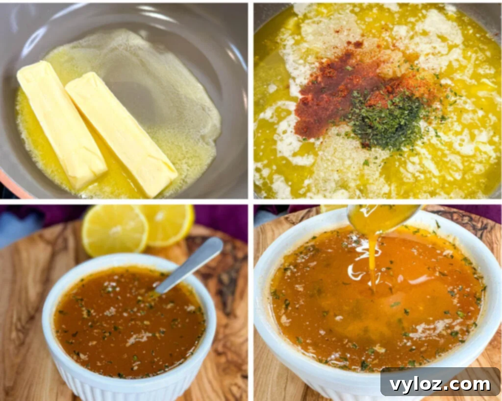 Garlic Butter Seafood Boil Bag 7 A collage of 4 photos showing melted butter in a skillet and the finished seafood boil sauce.