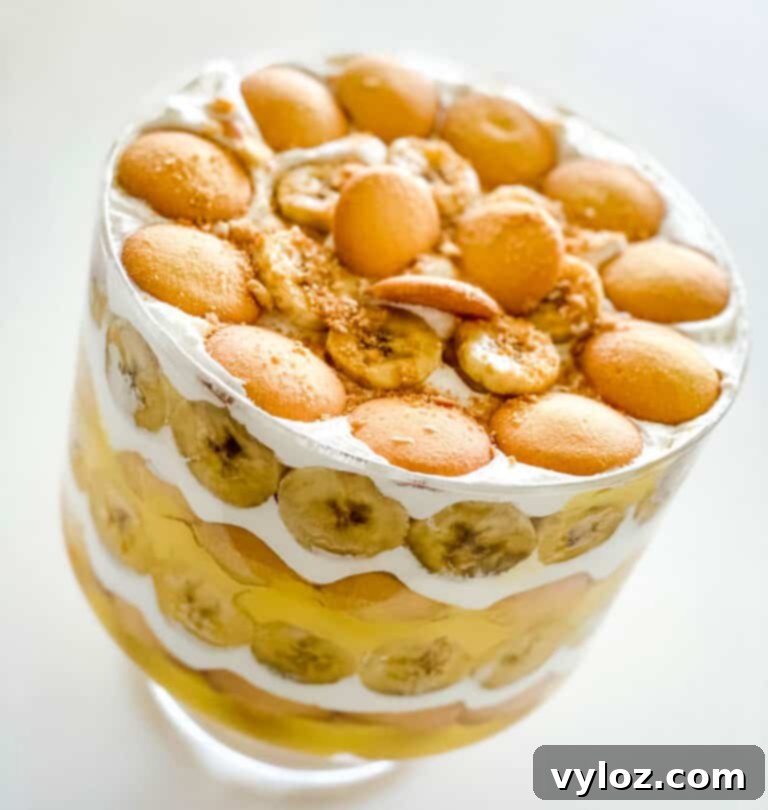 A close-up shot of the irresistible layers of a Southern Banana Pudding Trifle, showing softened Nilla Wafers, creamy vanilla pudding, and perfectly sliced bananas