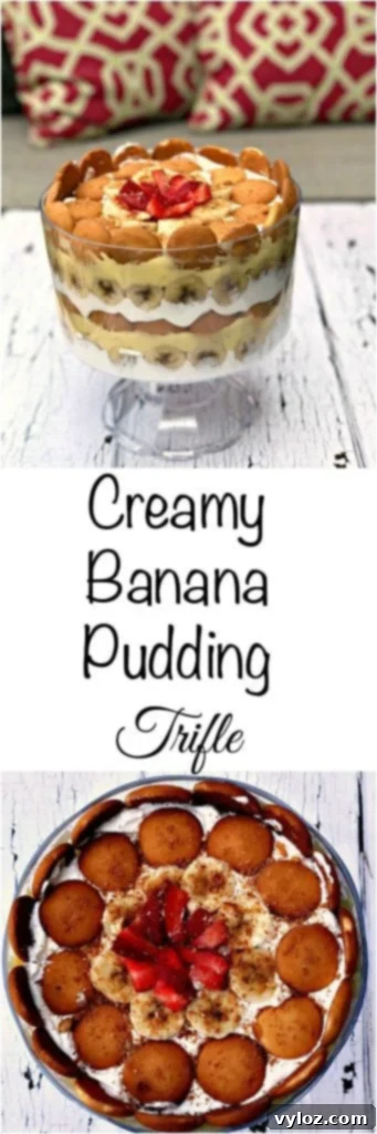 Vertical shot of a beautifully layered banana pudding trifle, perfect for pinning on Pinterest to save for future baking inspiration