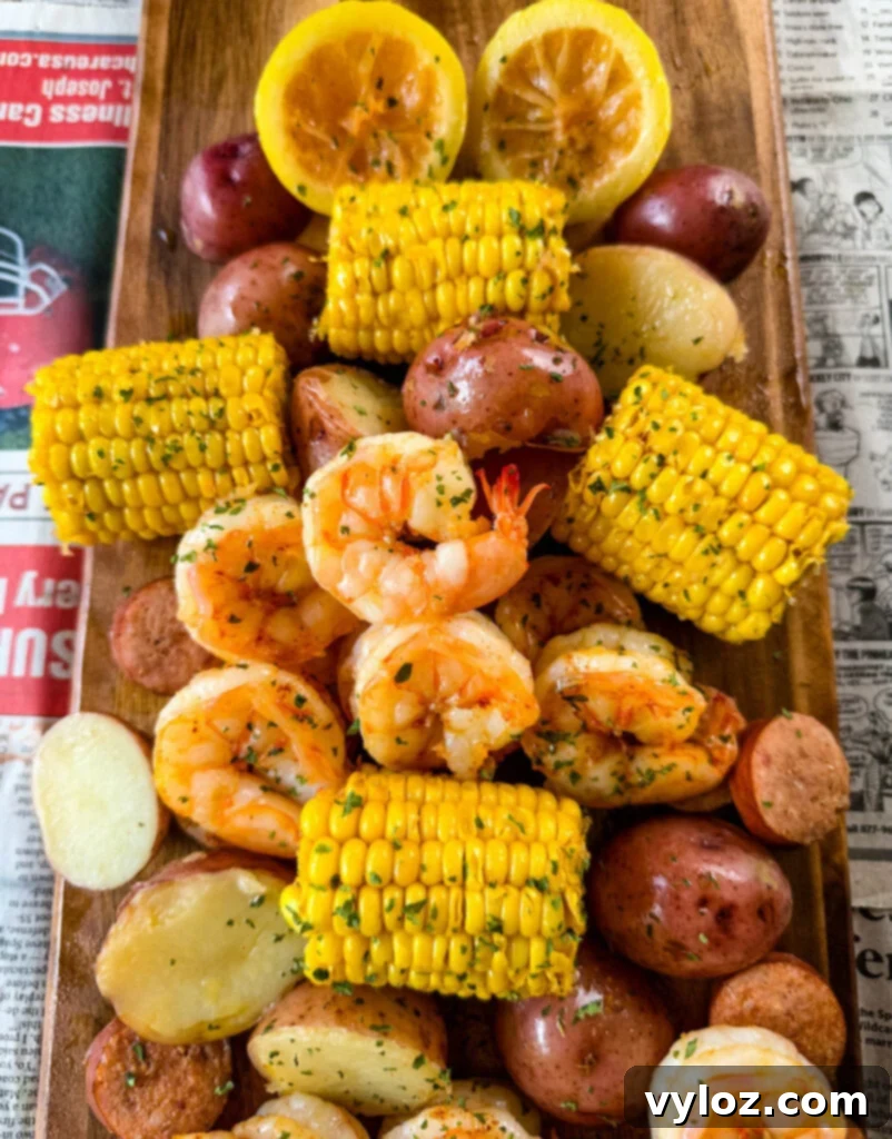 shrimp boil with andouille sausage, red potatoes, and corn on the cob on a flat surface with newspaper