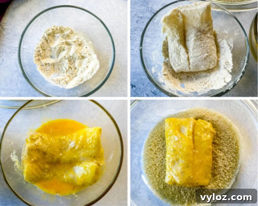 Golden Fried Fish Sandwich 5 collage of 4 photos with raw fish breaded with eggs, flour, and breadcrumbs in a glass bowl