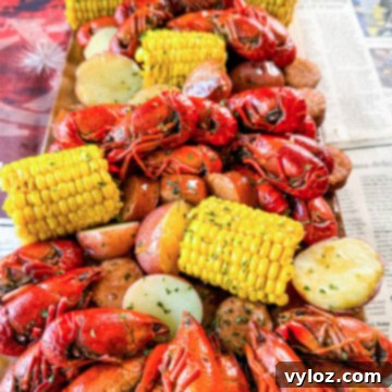 Cajun Crawfish Feast 13 Cajun crawfish boil on a platter with corn, red potatoes, sausage, and butter with newspaper