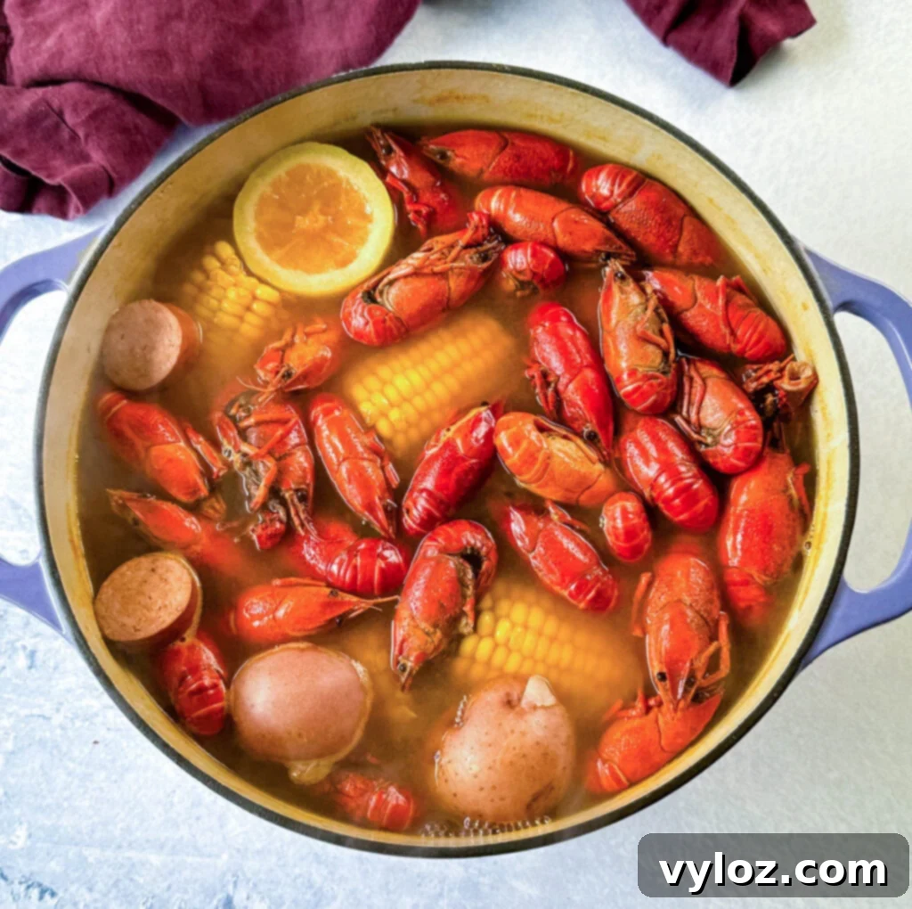Cajun Crawfish Feast 6 Crawfish, corn, lemon, bay leaf, potatoes, and sausage in a large Dutch oven with flavorful boil sauce