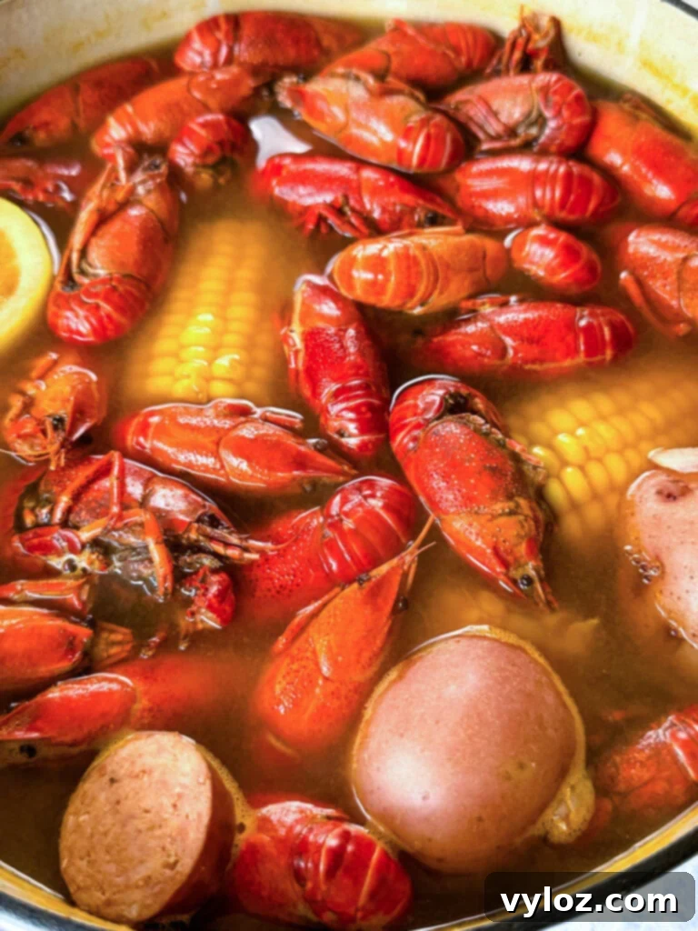 Cajun Crawfish Feast 7 Close-up of a crawfish boil in a large pot, showing crawfish, corn, lemon, bay leaf, potatoes, and sausage