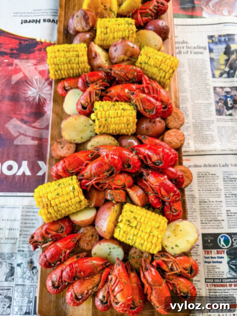 Cajun Crawfish Feast 8 Cajun crawfish boil on a platter with corn, red potatoes, sausage, and butter, presented on newspaper