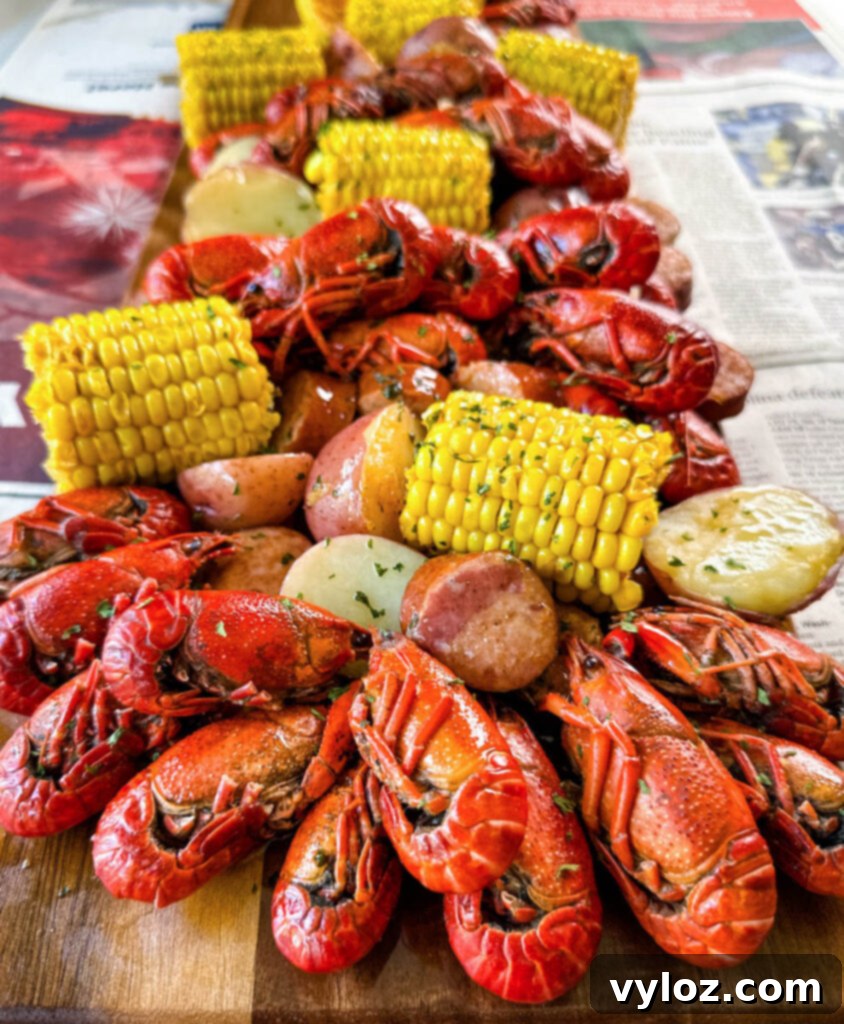 Cajun Crawfish Feast 10 Cajun crawfish boil served family-style on newspaper, with corn, red potatoes, sausage, and melted butter