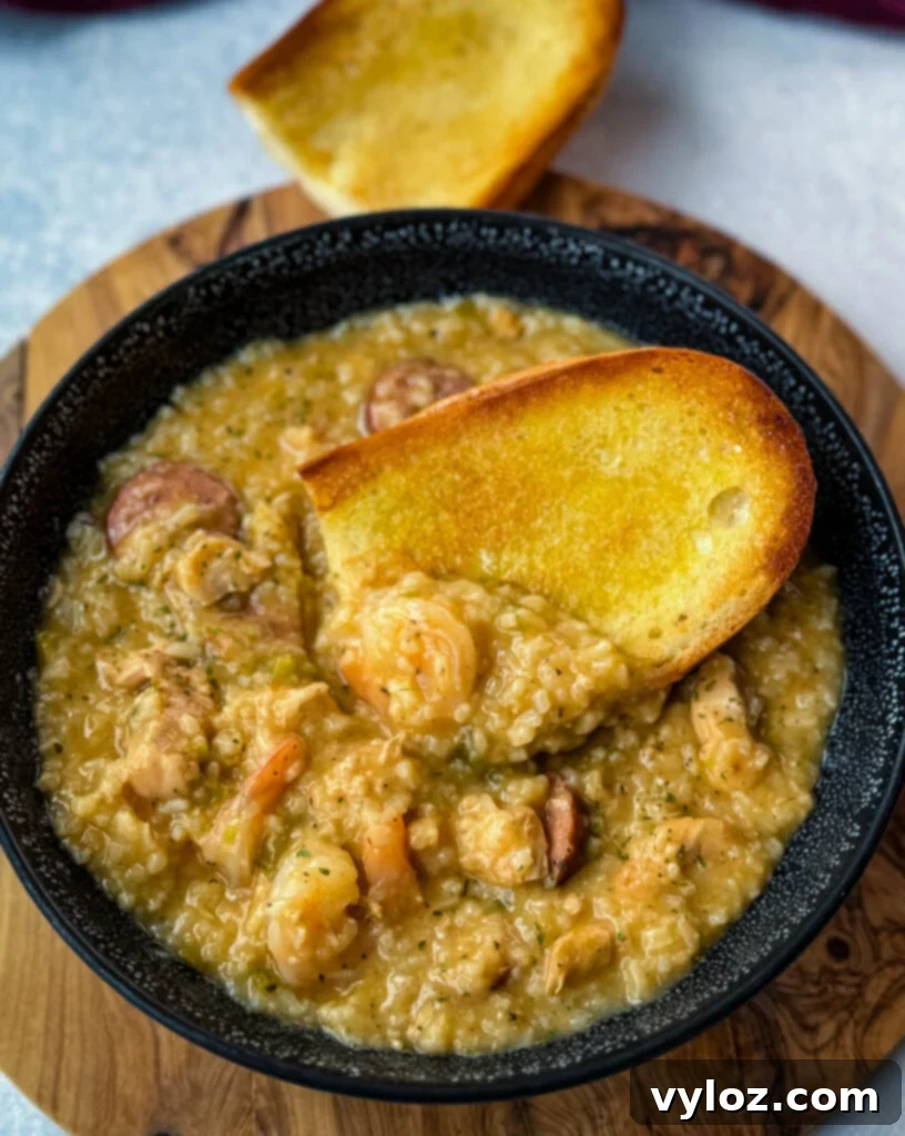 Cajun jambalaya soup in a black bowl with a piece of French bread