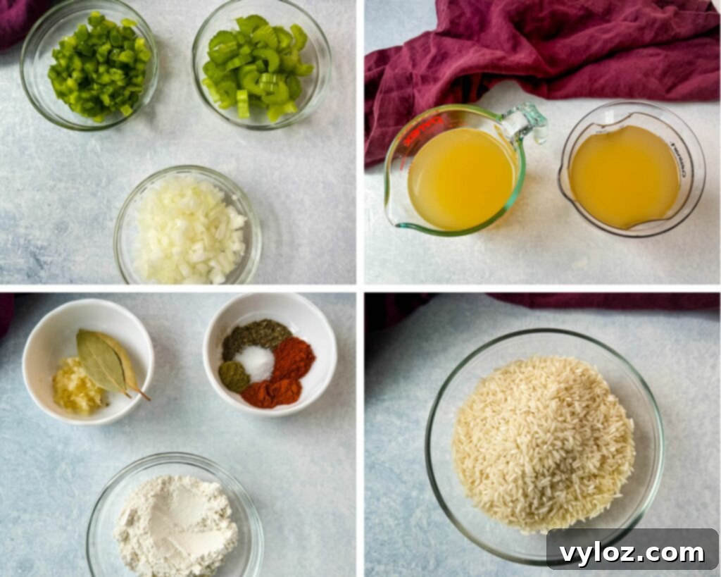 collage of 4 photos with diced celery, onions, bell peppers, chicken broth, garlic, flour, and white rice in separate glass bowls