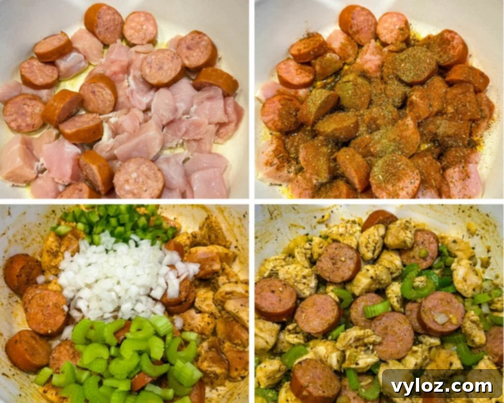 collage of 4 photos with cooked sausage, chicken thighs, green peppers, onions, spices, and rice in a Dutch oven