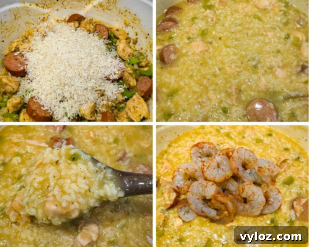 collage of 4 photos with cooked sausage, chicken thighs, green peppers, onions, spices, and rice in a Dutch oven
