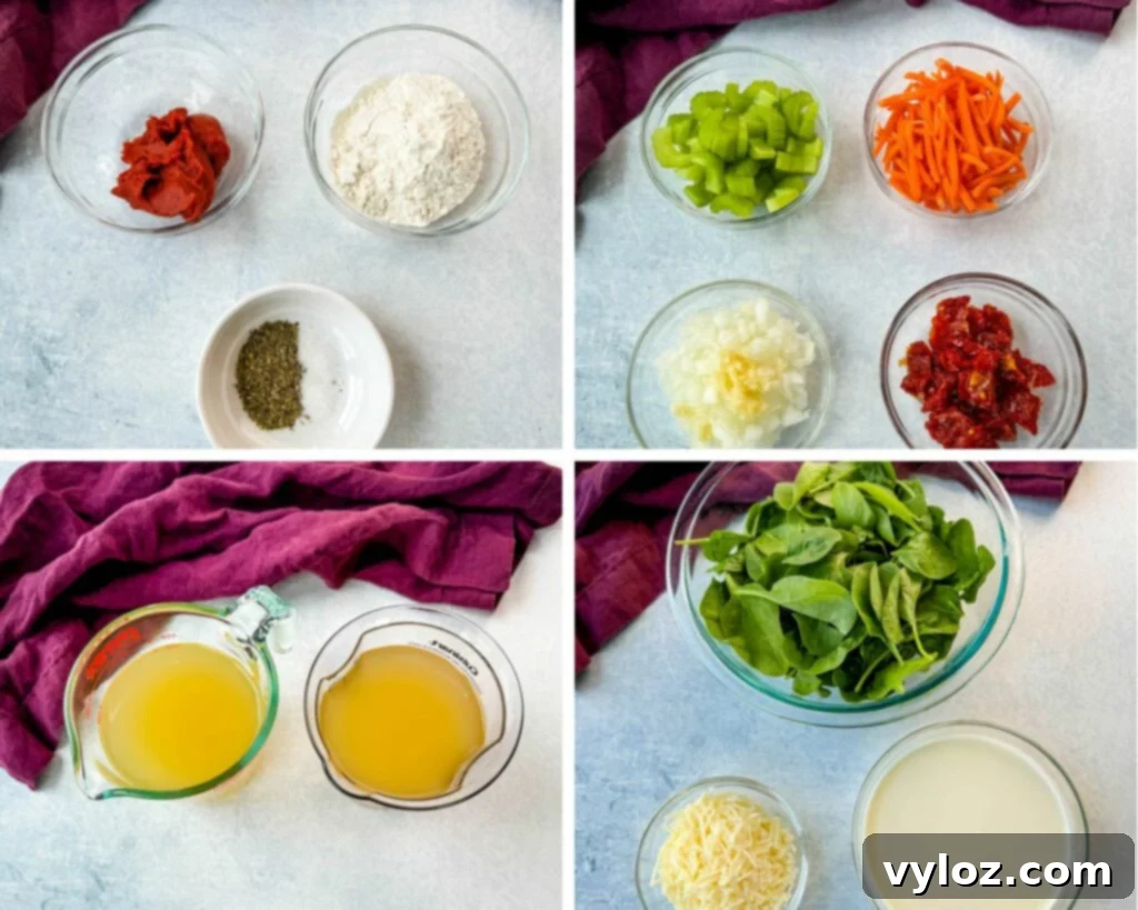 collage of 4 photos with tomato paste, onions, Italian seasoning, celery, carrots, onions, sundried tomatoes, fresh spinach, grated parmesan cheese, and heavy cream in separate glass bowls