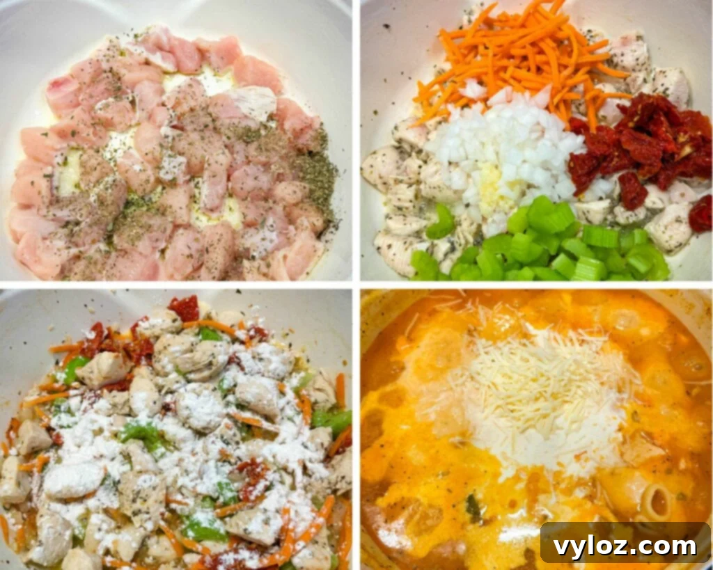 collage of 4 photos with chicken, vegetables and broth in a Dutch oven