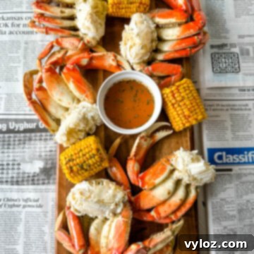 Sweet Dungeness Crab Legs 11 Dungeness crab legs on a platter with corn on the cob and lemon garlic butter sauce