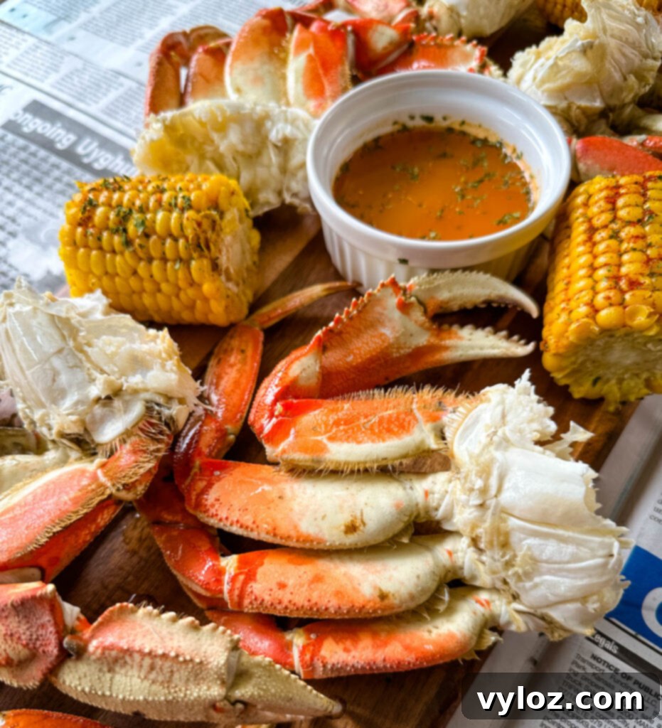 Sweet Dungeness Crab Legs 10 Dungeness crab legs on a platter with corn on the cob and lemon garlic butter sauce