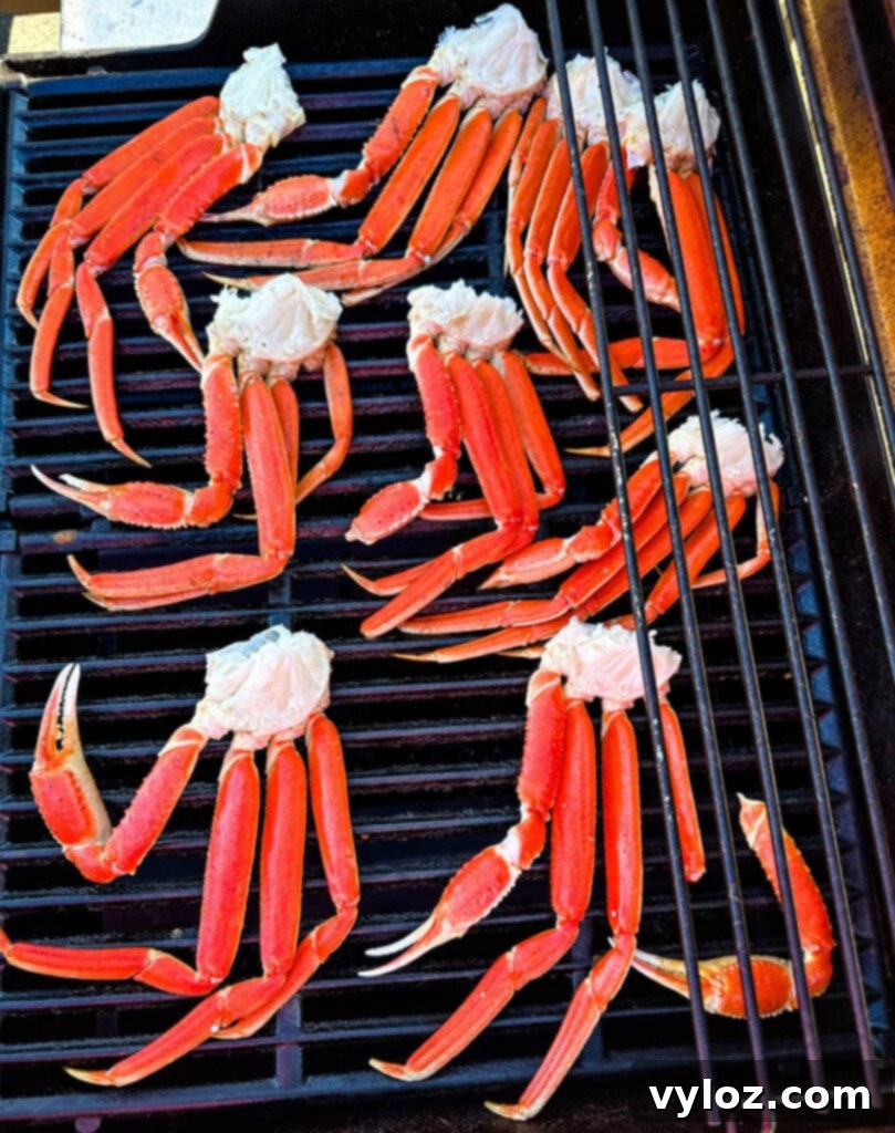 Snow crab legs cooking on a hot outdoor grill, smoky and delicious