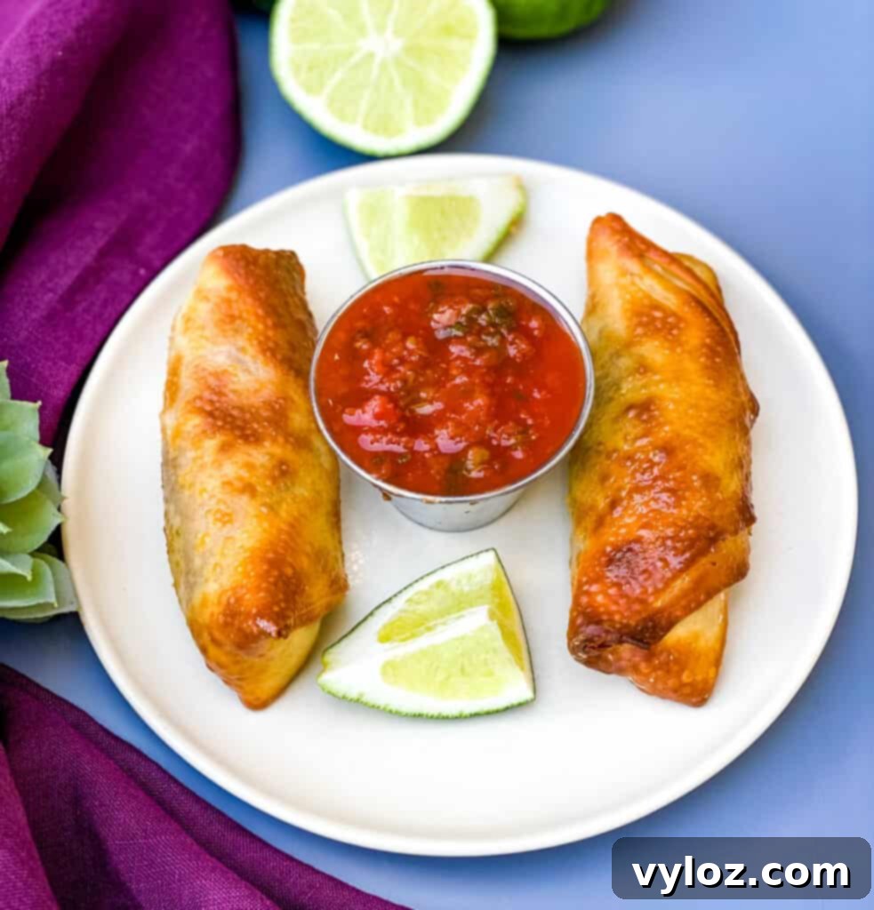 Air Fryer Beef Taco Fried Egg Rolls on a plate with salsa and limes
