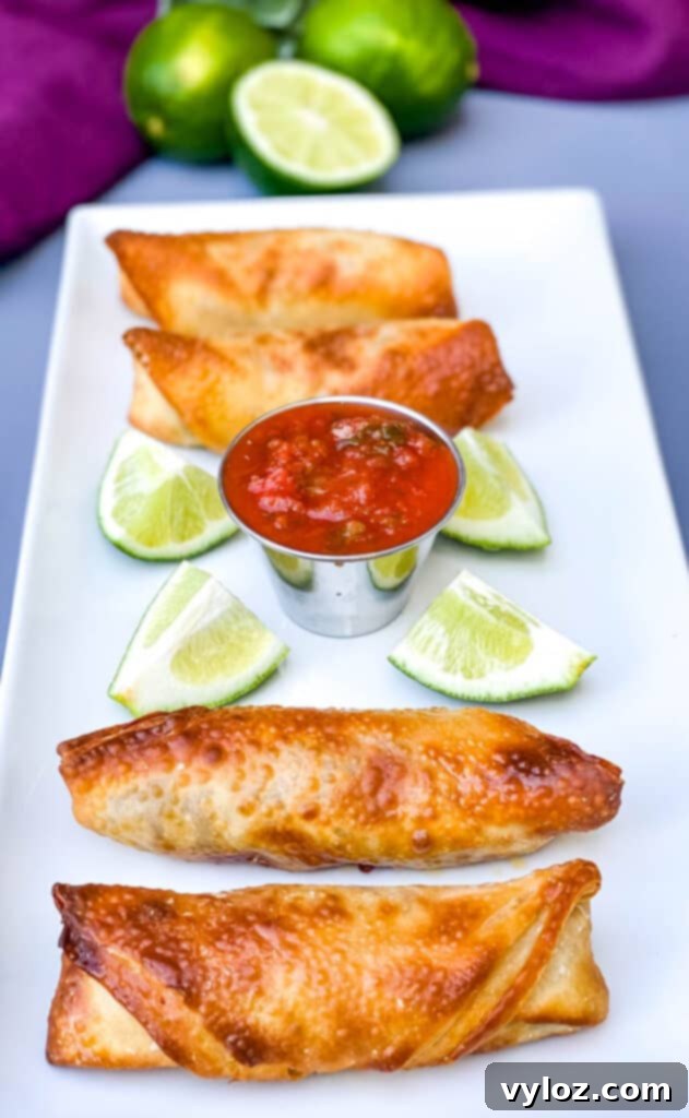 Air Fryer Beef Taco Fried Egg Rolls on a white plate with salsa and fresh limes