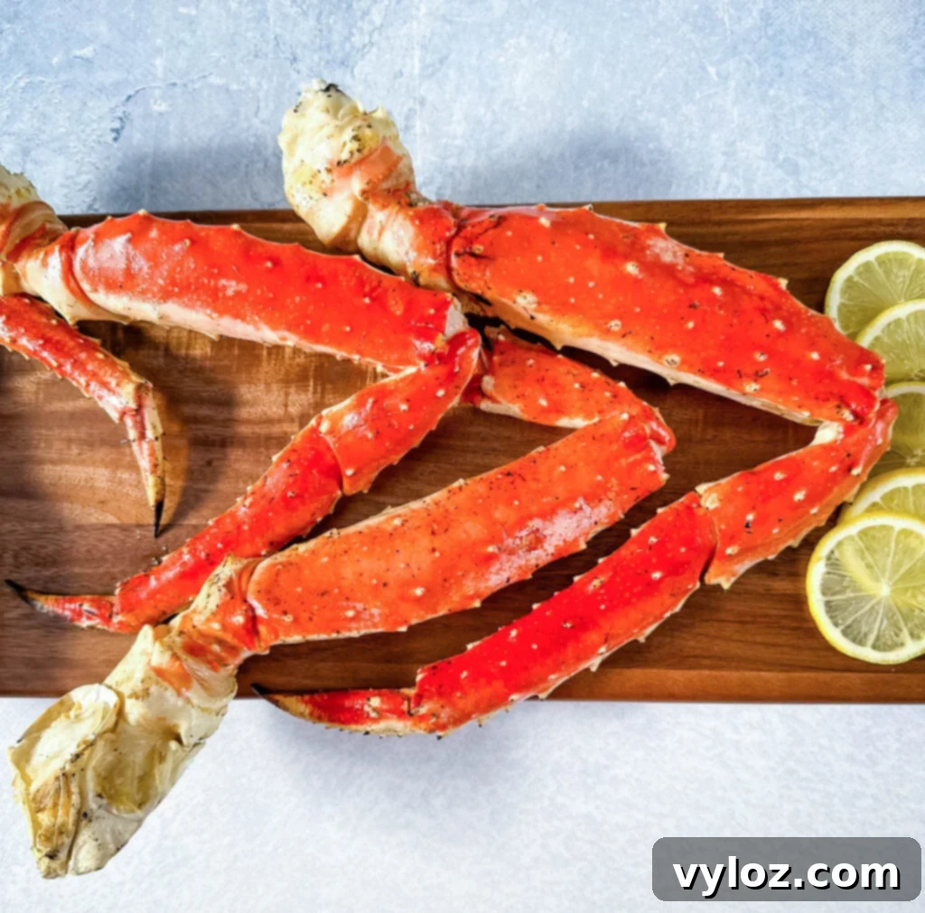 Grilled crab legs displayed on a wooden board with fresh lemon wedges