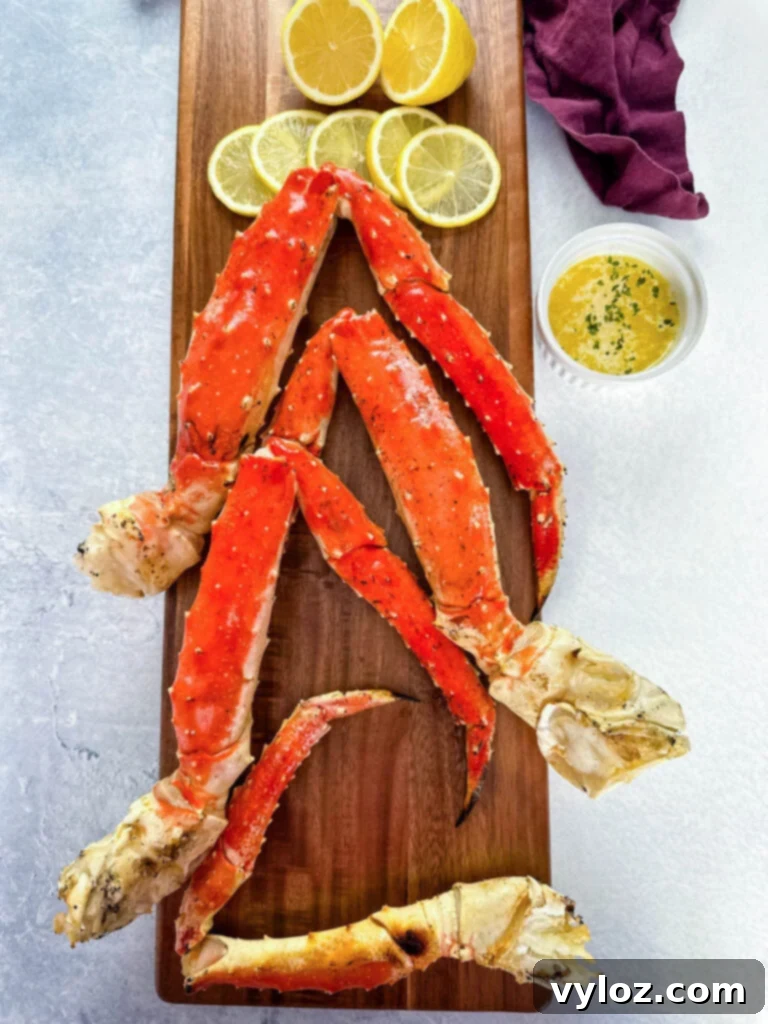 A close-up of grilled crab legs on a wooden board, garnished with lemon