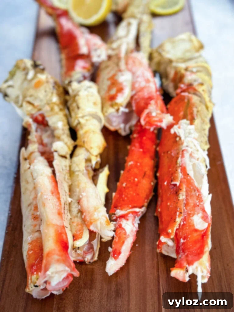 Cracked and split king crab legs neatly arranged on a wooden board