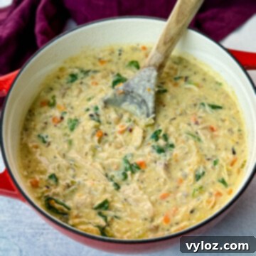 Velvety Chicken Wild Rice Soup 13 Creamy chicken wild rice soup in a red Dutch oven with a wooden spoon