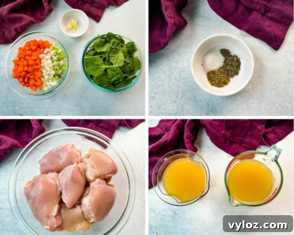 Velvety Chicken Wild Rice Soup 3 Collage of 4 photos with carrots, onions, celery, garlic, skinless chicken thighs, spices, and broth in separate bowls, ready for soup preparation.