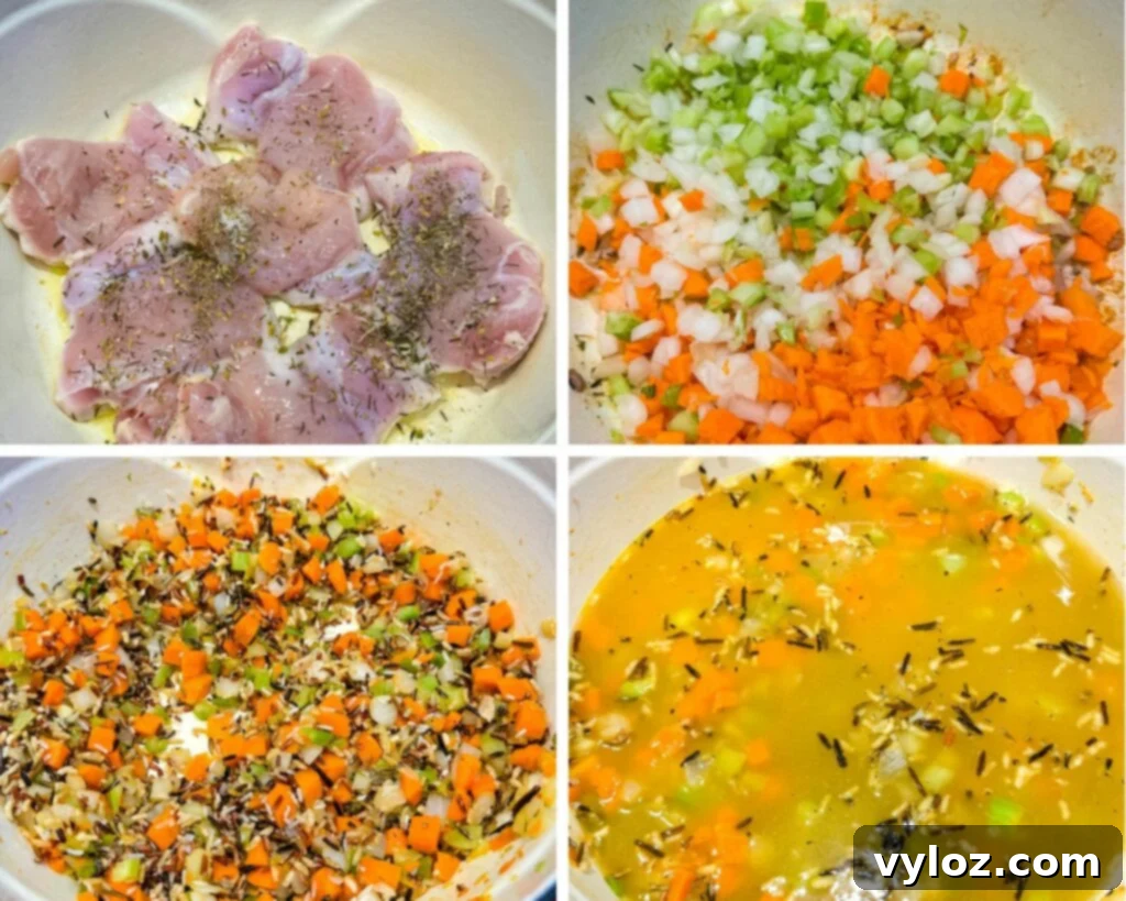 Velvety Chicken Wild Rice Soup 5 Collage of 4 photos with chicken, carrots, onions, and celery cooking in a red Dutch oven on the stove.