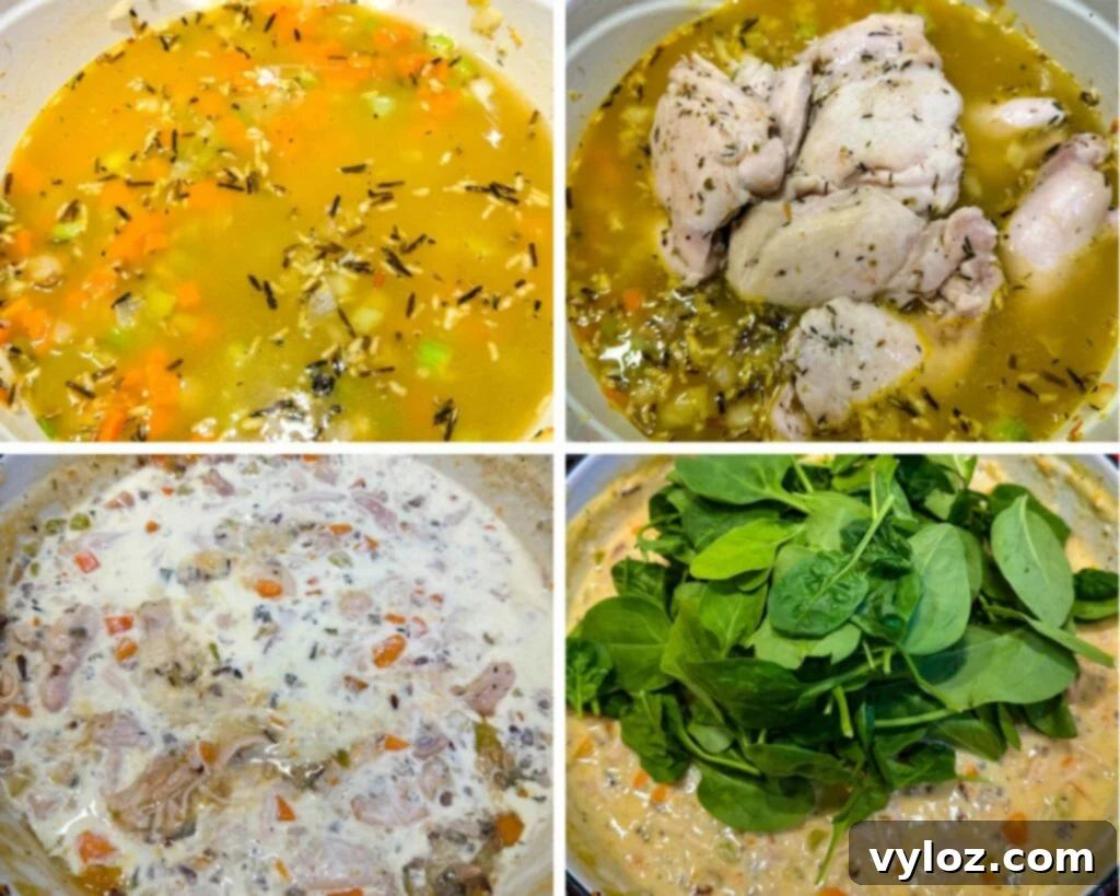 Velvety Chicken Wild Rice Soup 6 Collage of 4 photos showing chicken soup with wild rice simmering in a red Dutch oven on the stove.