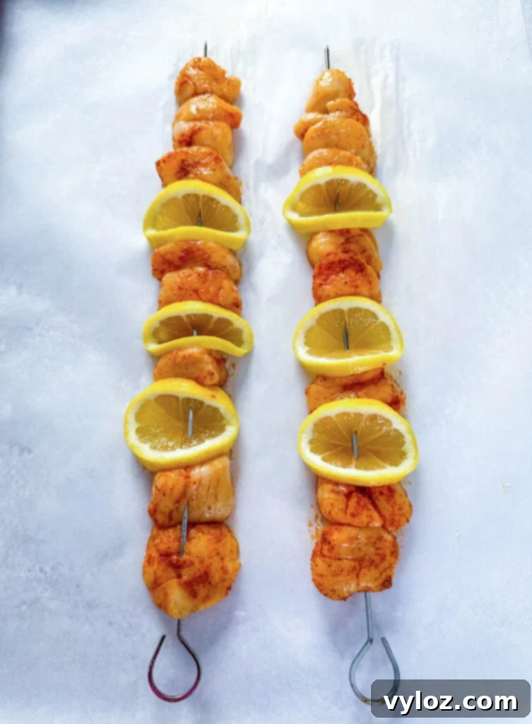 Raw, seasoned scallops threaded onto wooden skewers, resting on parchment paper, ready for the smoker.