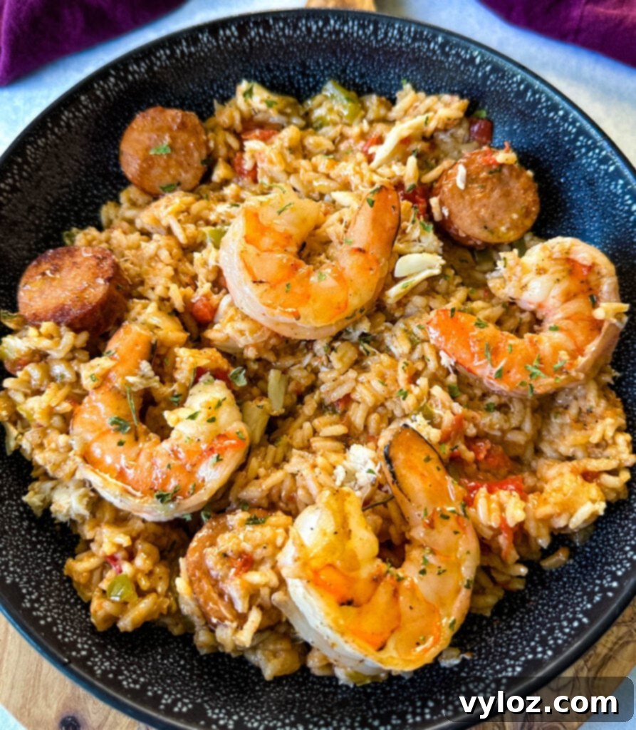 Creole shrimp jambalaya with crab in a bowl