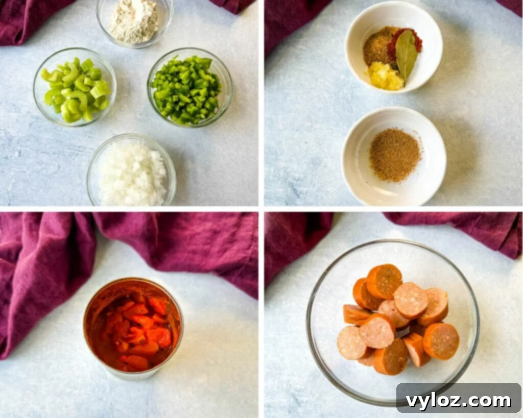 flour, chopped green peppers, chopped celery, and chopped white onions, diced sausage, and tomatoes in separate glass bowls