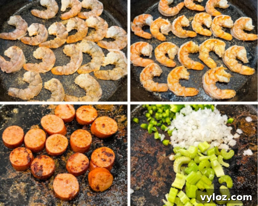 collage of 4 photos with shrimp cooked in a cast iron skillet and onions, green peppers, and celery in the skillet